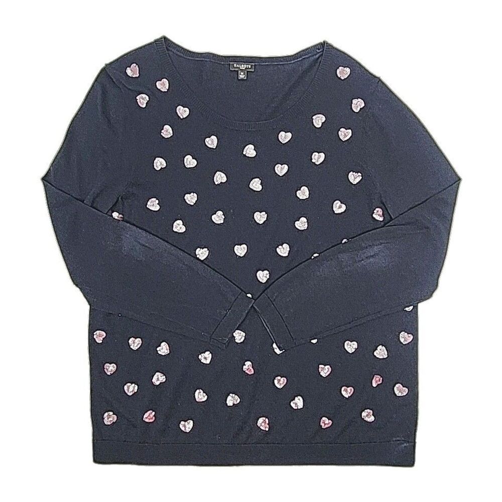Talbots Sweater Navy Blue Pink Sequin Hearts Women Plus 1X Lightweight Valentine